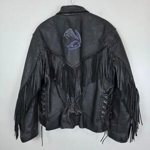 Vintage Black Leather Fringe Jacket Studded Motorcycle Wolf Biker Western Heavy